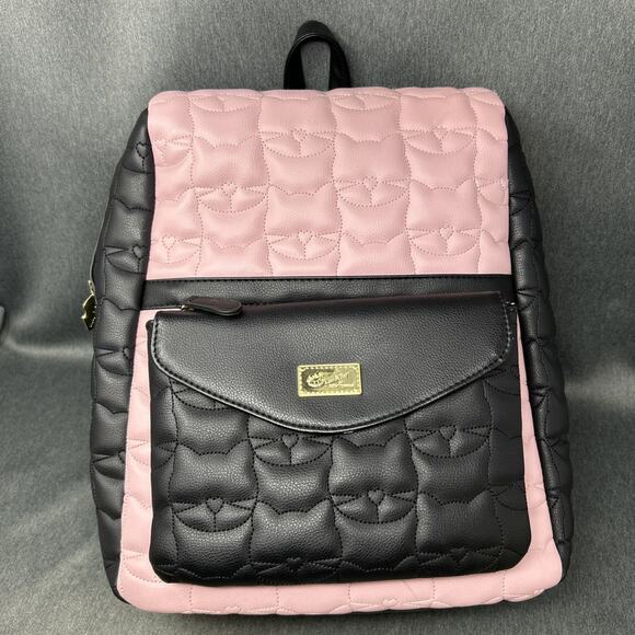 Betsey Johnson Handbags - Luv Betsey Johnson Lorene Quilted Cat Face Pink Black Backpack with Crossbody